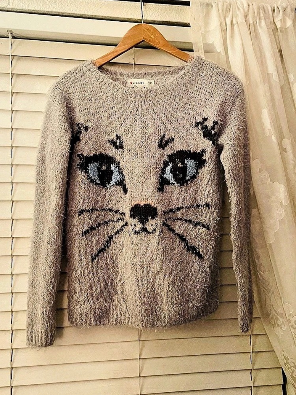 Love Crazy Cat Graphic Sweater in Gray Size Medium